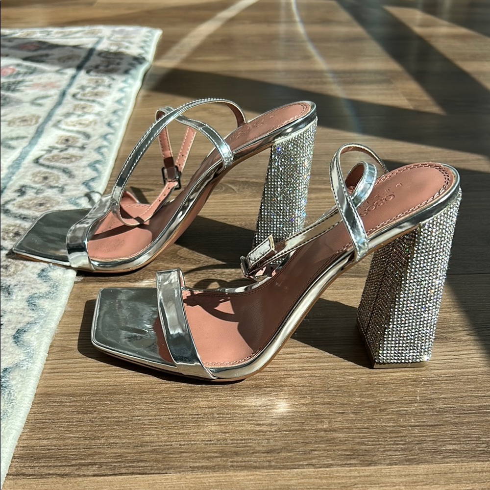 Silver Strappy Block Heel Sandals